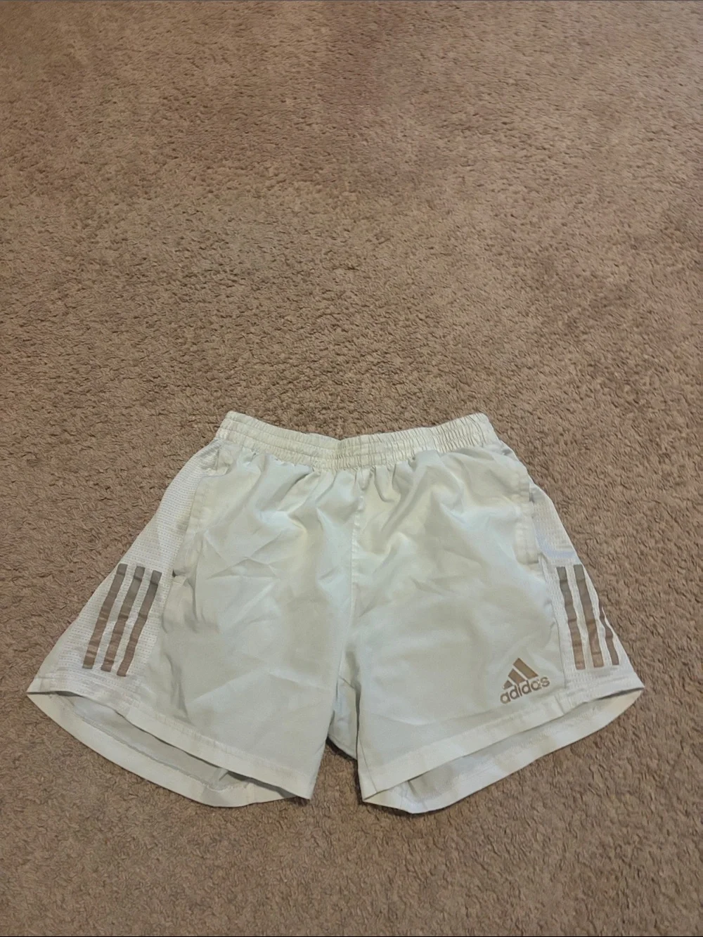 adidas 5” inseam Men’s White Shorts  with Tan Branding